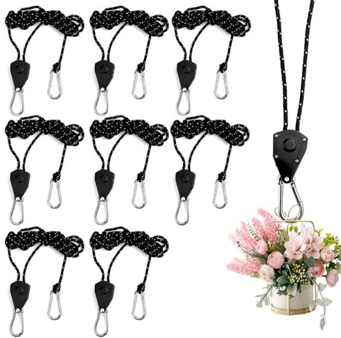 HEDMON 8 pezzi carrucola con gancio regolabile cinghie a cricchetto 2,5M cinghia a cricchetto per lampade per piante, tende da sole, stendibiancheria(Capacità di carico di 68 kg per coppia)
