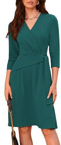GRACE KARIN Damen Midikleid mit Bindegürtel Dreiviertelärmeln Kleid für Hochzeitsgäste Blaugrün S