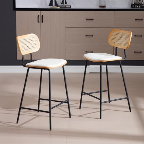chairus Barhocker aus PU Leder 2er Set Küchenhocker Bistrohocker mit Rattan Rückenlehne Tresenhocker Barstuhl Wohnzimmer (Weiß)