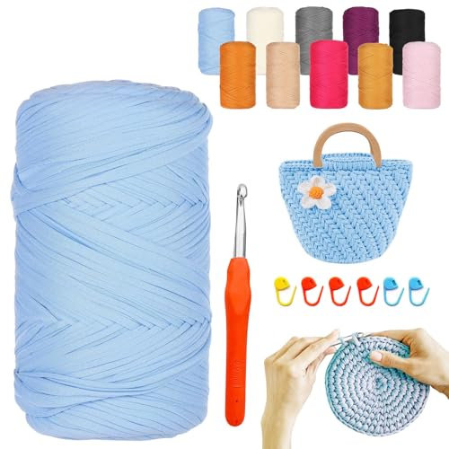 YushengTai Fettuccia, 400G/120M Fettuccia per Uncinetto con Aghi da 9,0 mm 6 Supporti, Filati per Borse Uncinetto Per Borse, Cestini, Coperte, Decorazioni per la Casa(Blu Chiaro)