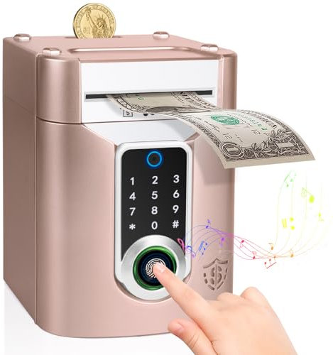 Highttoy Spardose Kinder ab 3 Jahre, Elektronische Spardose Mädchen mit Touchscreen und Fingerabdruck, Geldautomat Sparbox Sparschwein Tresor Kinder Geschenk Mädchen 3-12 Jahre, Roségold