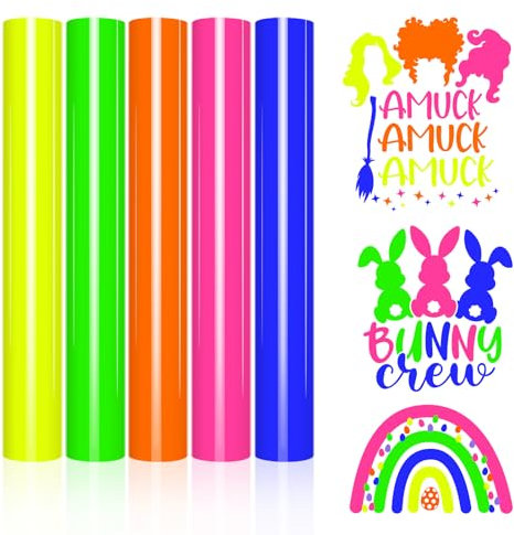 FROG Heat Transfer Vinyl Bundle Neon HTV 5 Rolls 12'' x 3ft Neon Yellow, Green, Orange, Rose Red for DIY Craft Designs