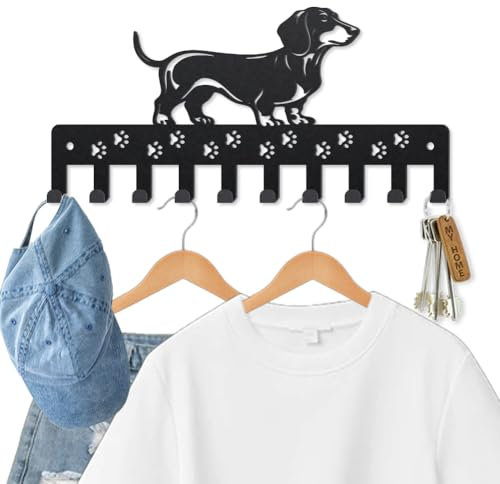MAYJOYDIY Dog Coat Rack Wall Mount Metal Dog Paw Print Key Hook 25×12cm Animal Dachshund Coat Hook with 10 Hooks Black Wall Art Decor Key Hook for Gift Kitchen Bathroom Clothes Storage