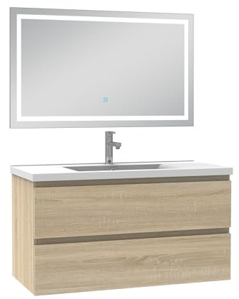 AICA Ensemble Meuble Salle de Bain 100cm Chêne Wotan Simple Vasque et Miroir Lumineux 3 Couleurs et dimmable