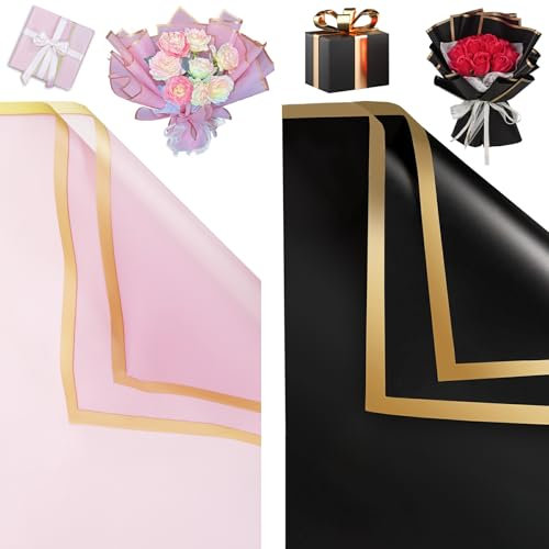 20 Sheets Waterproof Flower Wrapping Paper - Waterproof mit Gold Edge Flower Wrapping Paper, Florist Packaging for Floral Wedding Birthdays Party, 22 * 22in