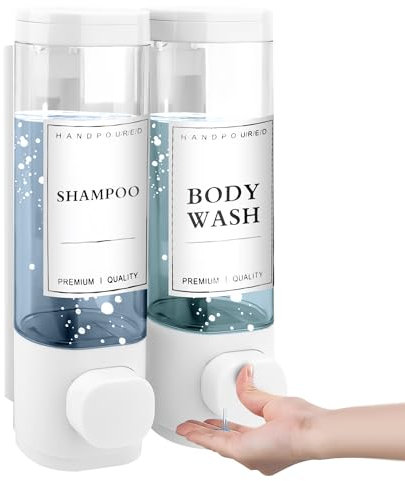 MEKOTRIN Distributeur de Savon Mural, Distributeur Gel Douche, Distributeur Double de Shampoing et Après-shampoing sans Perçage ABS pour Salle de Bain Cuisine Marché Hôtel Restaurant 300ML*2(Blanc)