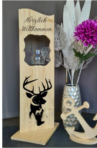 Holzaufsteller, Holz Deko Schild Holzschild Eingangsschild Hirsch und Wald mit Windlicht aus Glas, Geschenk, Weihnachten, Geburtstag