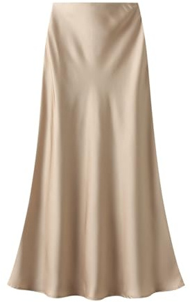 Onsoyours Femme Jupe en Satin Élégant Taille Haute Élastique Midi Jupes en Soie avec Fermeture Éclair Couleur Unie A Champagne M
