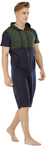 Jumpsuit Rompers Men Block Jumpsuit Short Sleeve Zipper Hooded Shorts Jumpsuit Boiler Suit with Hood (AG, L)