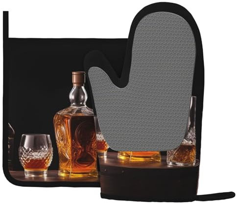 2 Stück Silikon Ofenhandschuhe und Topflappen Set Hitzebeständige Ofenhandschuhe und Topflappen BBQ Handschuhe Hot Pads Whisky Bier Bilder Kochhandschuhe für Küche Backen Grillen