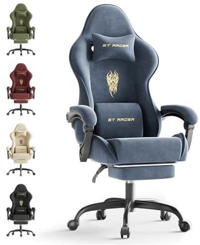 Ferghana Silla Gaming Ergonómica con Masajeador,Silla Gamer de Terciopelo con Soporte Lumbar de Masaje,Reposacabezas,Reposapiés,Silla de Oficina,Silla Ergonómica de PC,Rotación de 360°,Gris