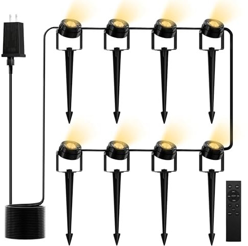 JACKYLED 8 Stück Gartenbeleuchtung mit Fernbedienung und 24V Adapter, 9W 3000K Warmweiß, IP65 Timer Gartenstrahler, Weg, Terrasse, Plug & Play, 19 Meter Gesamtlänge