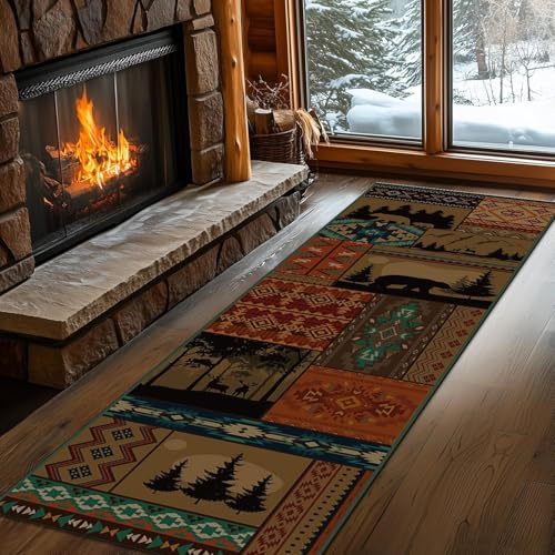 PDENZG Bear Decor Kitchen Runner Carpet, Aztec Rustic Rugs,Southwestern Tribal Runner Rug, Washable Hallway Rugs, for Living Room, Bedroom, Fireplace Front.Laundry Room Rug