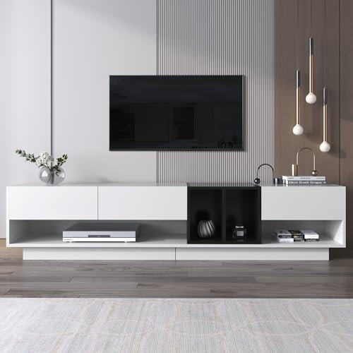 Jaxenor 190cm High gloss TV Unit, Entertainment Unit for Living Room with 3 Drawers and 4 Compartments, TV Stand Unit, Multiple Storage Spaces, White and Black