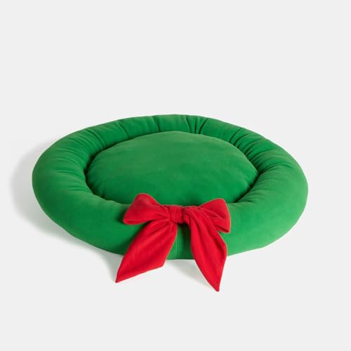 OHS Christmas Dog Bed with Xmas Bow Wreath Fluffy Warm Round Doughnut Dog Bed Medium Washable Soft Plush Calming Ped Bed Non-Slip Bottom Anti Anxiety Cuddler Puppy Beds, Green - 60 x 60cm