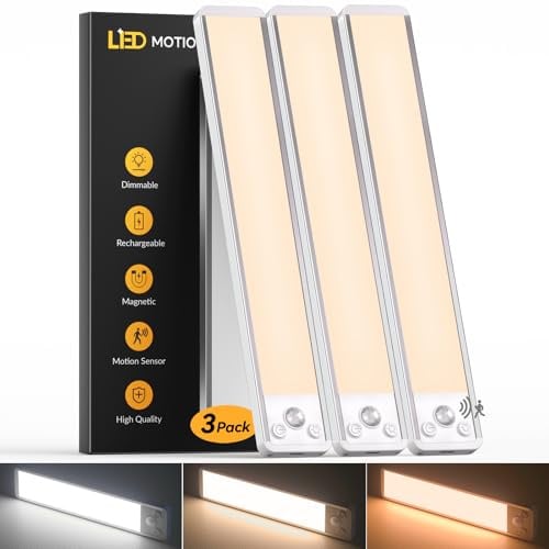 Schrankbeleuchtung Led Lampe mit Bewegungsmelder 30CM | 3-Farben - 3 Stück | 2200mAh Langlebiger Akku, Dimmbar, USB Aufladbar, Magnetische, Bohrfreie, Aluminium, Gleichmäßige Lichtverteilung, für Küche