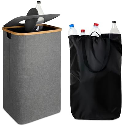 Relaxdays Recycling Bottle Bin 100L, Washable Inner Bag, HWD: 70 x 42 x 34 cm, Bottle Collector with Lid, Felt, Grey
