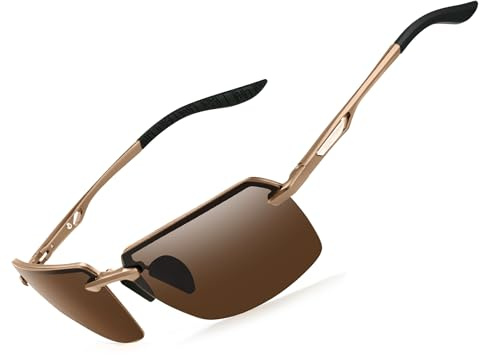 Bircenpro Classic Polarised Sunglasses for Men: Rimless UV Protection Sun Glasses with Al-Mg Frame for Driving Traveling Brown Lens