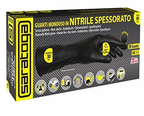 SARATOGA 37502001 Guanti Lunghi Prolungati Monouso in Nitrile Spessorato, Polvere Senza Lattice, Nero, M (Confezione da 50)