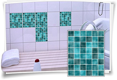 Medianlux Fliesen-Aufkleber Fliesen-Bild Fliesen-Imitat Mosaik Türkis Bad WC Deko Dekor Badezimmer Kachel Folie Digitaldruck, 12 Stück, 20x25cm