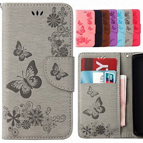 Yiizy handyhülle für Huawei P9 Lite Mini Hülle, Schmetterling Tasche Leder Schutzhülle PU Ledertasche Schutz Cover Magnet Beutel Silikon Gummi huelle Schale Stehen Kartenhalter Stil (Graue)