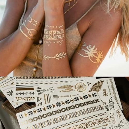 Amacoam Festival Tattoos Gold - Temporäre Metallic Tattoo Wasserdicht 6 Blätter 70 Mustern Glitzer Silber für Frauen Jugendliche Mädchen Halloween Festival Party Accessoire