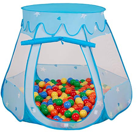 Selonis Tente 105X90cm/100 Balles Château avec Les Balles Plastiques Piscine À Balles pour Enfants, Bleu: Jaune-Vert-Bleu-Rouge-Orange
