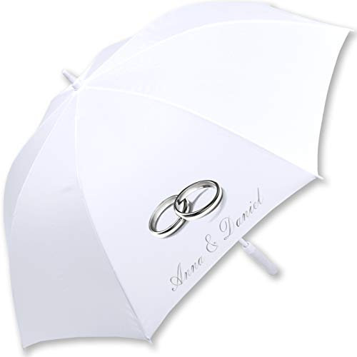 iX-brella XXL Hochzeits-Stockschirm Automatik - All In White - Silberne Ringe personalisiert mit Namen