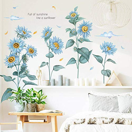 WandSticker4U®- Wandtattoo Blumen blau SONNENBLUMEN (96x76 cm) I Vintage Wandsticker Blumen groß Pflanzen Blätter Frühling I Wanddeko Wohnzimmer Schlafzimmer Kinderzimmer Badezimmer Küche Flur XXL