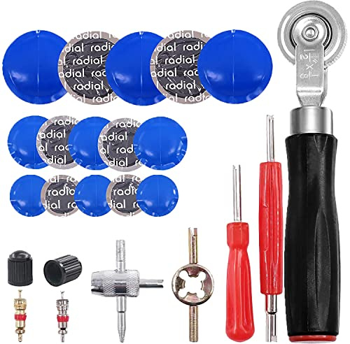 70PCS Tire Patches Kit Heavy Duty, Inner Tube Patch Kit, Include Tire Patch Roller,Rubber Repair Patches, Valve Core, 4-Way Valve Tool, Valve Core Wrench, Valve Core Removal Tool with Tire Valve Caps
