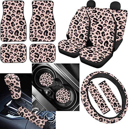 Suhoaziia Pink Leopard Autozubehör für Damen und Mädchen, Sitzbezüge + Bodenmatten + Lenkradbezug + Sicherheitsgurtpolster + Untersetzer + Schaltknauf Handbremse Abdeckung, 15 Packungen