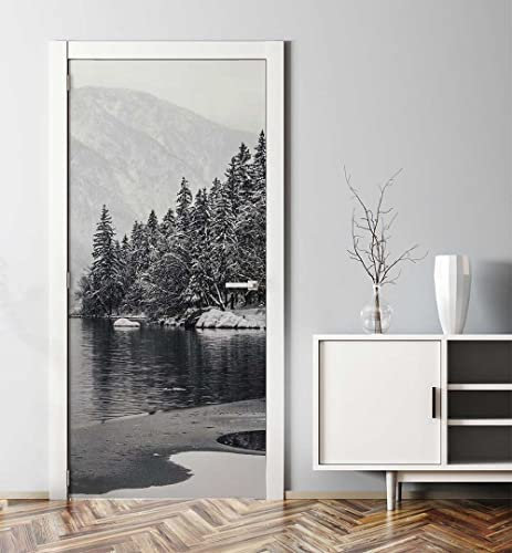MyMaxxi - Tür bekleben mit Türtapete Türposter Türfolie Selbstklebend 90x200 See im Winter - Tür verschönern Türaufkleber Türklebefolie Schnee See Wald weiß
