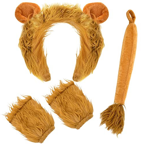 vamei Löwen Ohren Haarreifen Löwen Kostüm Kinder Tierkostüm Schwanz und Pfoten Set Mädchen Halloween Kostüm für Kinder und Erwachsene Karneval Tiere Cosplay Geburtstag Party Faschingskostüme (4 stück)
