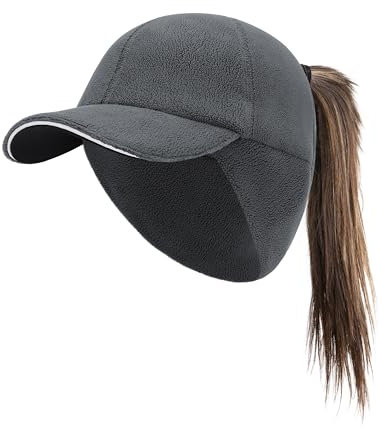 PivotWing Damen Fleece-Ohrenklappe mit vertikalem Pferdeschwanzloch für Laufen, Wandern, und mehr, dunkelgrau, XS/S