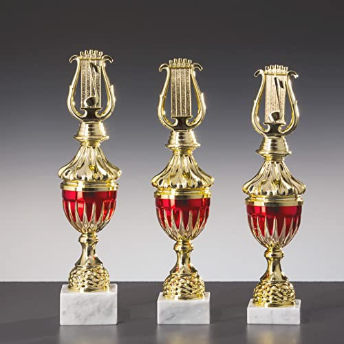 eberin · Gesang Pokal · Musik Trophäe · Musikschule Preis · Harfe · Notenschlüssel/Klassik Award Rot/Gold auf Marmorsockel · in 3 Größen oder als 3er-Set · personalisierbar mit Wunschgravur