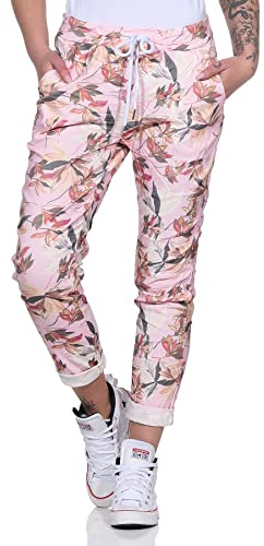 MATY FASHION Damen Freizeithose Moderne Jogginghose Relax Pants Boyfriend mit Kordelzug 43 (Floral Rosa)