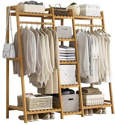 Solerconm Portant à Vêtements, Porte-vêtements Bambou avec Étagères à Chaussures, Porte-Manteau, Tringle Meuble, Charge Lourde pour Rangement Vêtement Chaussures Plante