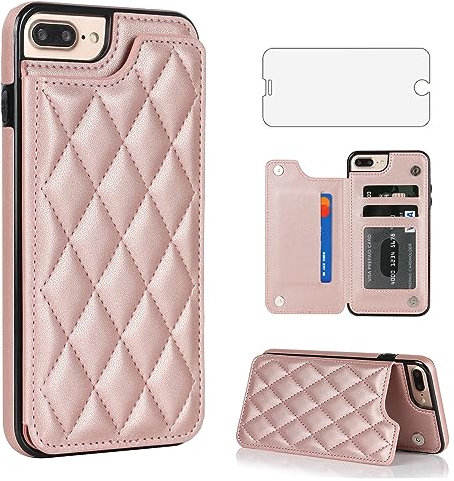 Asuwish Phone Case for iPhone 7plus 8plus 7/8 Plus Wallet Cover with Screen Protector and Leather RFID Credit Card Holder Stand Cell Accessories i Phone7s 7s + 7+ 8s 8+ Phones8 7p 8p Women Rose Gold