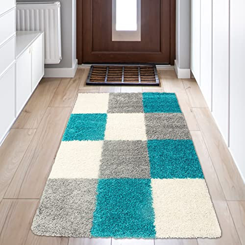 Flauschiger Shaggy-Teppich Hochflor mit Karomuster in türkis grau Creme 80x150cm