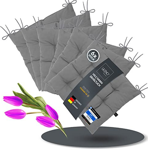 LILENO HOME 6er Set Stuhlkissen 31 Mittelgrau (40x40x6 cm) - Sitzkissen für Garten, Küche oder Esszimmer - UV-beständige Indoor u. Outdoor Stuhlauflage als Stuhl-Kissen (Linda FUM)
