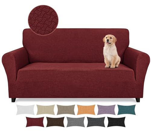 Lydevo Stretch Sofabezug 2 Sitzer Sofa überzug Neu Jacquard Taktiles Upgrade Sofahusse Elastisch Waschbar Sofabezug Mit Armlehnen mit 2 Stücke Kissenbezug,Taktiles Jacquard#Bordeaux