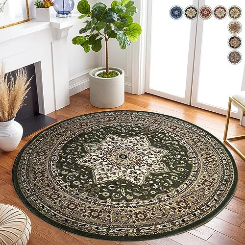 renoazul® Jute Back Round Rugs for Living Room - Rome Green Traditional Rug - 120 x 120 cm - Soft Bedroom Carpet, Floor Mat and Underlay Circular Rug