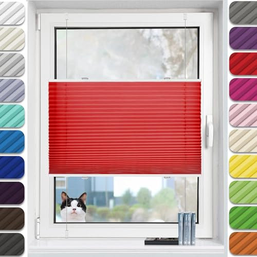 Plissee Klemmfix Plisseerollo ohne Bohren 35 x 80 cm Kleben ohne Bohren zum Fensterrahmen Plissee Klemmfix Faltrollo, inkl Befestigungsmaterial, für Schlafzimmer Badezimmer, Rot