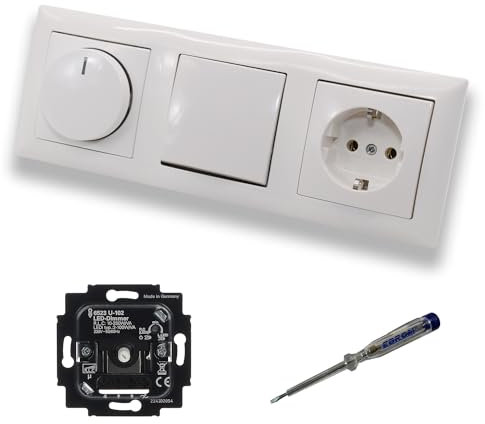 Busch Jäger 6523U-102 LED Drehdimmer Dimmer + Scheibe 2115-914 + Taster 2020US + Steckdose mit Kinderschutz 20EUCKS-914 Balance Si alpinweiß + EBROM Phasenprüfer z. Montage der Geräte 6523 U – 102