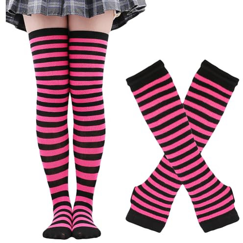 JIHUOO Women's Striped Knee High Socks and Gloves Knitted Long Socks Arm Warmers Stretch Over Knee Stockings Fingerless Mitten Gloves Hot Pink Black