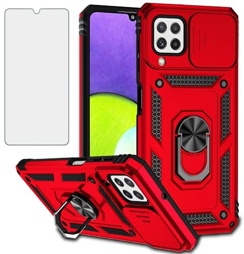 Asuwish Handyhülle für Samsung Galaxy A22/M32/M22 4G Hülle mit Glas Folie Panzerfolie Schutzfolie Kameraschutz Schieber und Magnetisch Ring Ständer A 22 22A F22 G4 Slim Handy Hüllen Phone Case Rot