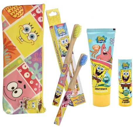 Mevsim Store Spongebob Lizenziertes Körperpflege-Set - Spongebob praktische und stilvolle Aufbewahrungstasche - Spongebob Zahnbürste (2 Stück) und Zahnpasta - Spongebob Lippenbalsam