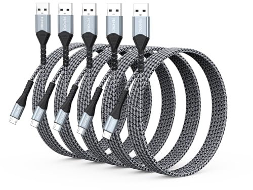 FEMORO Micro USB Cable 6Ft 5 Pack, Type A to MicroUSB 2.0 480Mbps Data Transfer & 12W Charging Cord for Old Kindle Android Phones PS4 Xbox One and More
