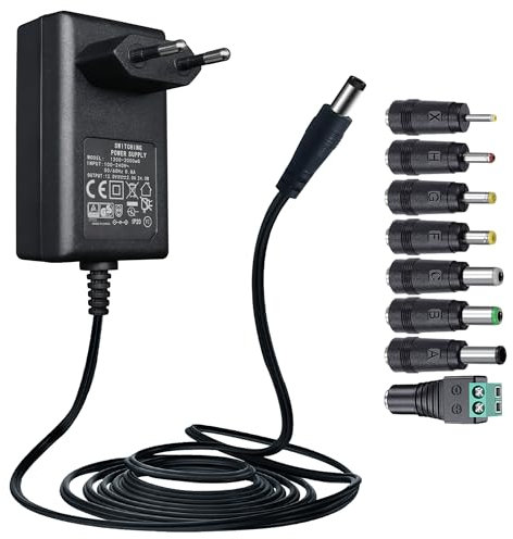 Adaptador de corriente 12V 2A/2000MA, AC 100-240V 50/60Hz a DC 12V 2A 24W Cargador de pared 5,5 x 2,1 mm, cable 20AWG de 1,8 m de largo para uso estable y flexible, 8 puntas incluidas