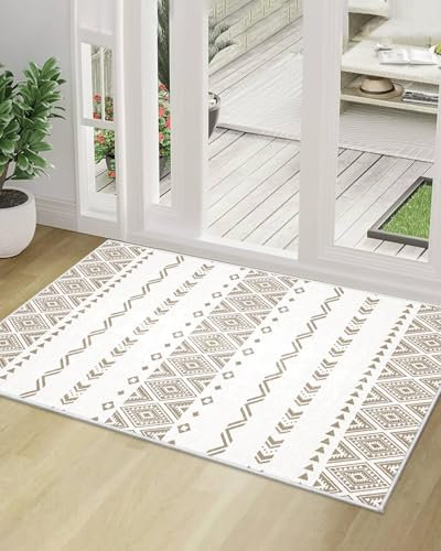 KAZOLEN Indoor Door Mat Washable: Small Area Rugs for Living Room - 50 x 80cm Boho Non Slip Bedroom Rug - Moroccan Short Pile Entryway Rug Grey Modern Vintage Bedroom Living Room Carpet Soft Touch